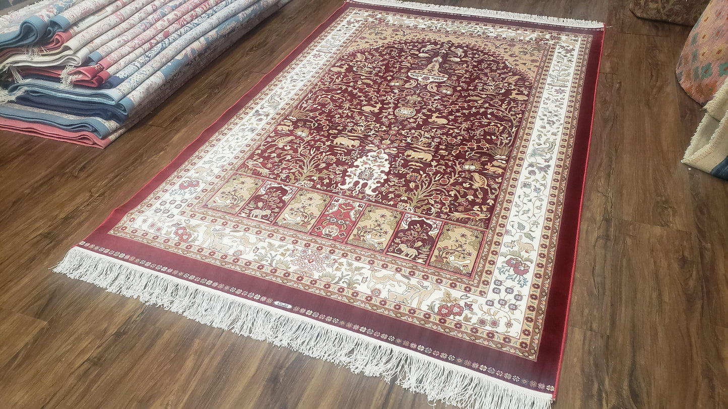 Silk Carpet 4x6 Dark Red & Cream, Tree of Life Rug, Animal Motifs, Birds Deer Rabbits, All Bamboo Silk, 4 x 6 Silk Area Rug - Nuvé