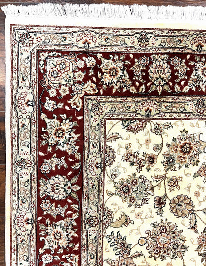 Pak Persian Rug 6x9, Floral Allover Carpet 6 x 9 ft, Cream and Maroon Hand Knotted Wool and Silk Fine Oriental Rug, Traditional Vintage Rug - Nuvé