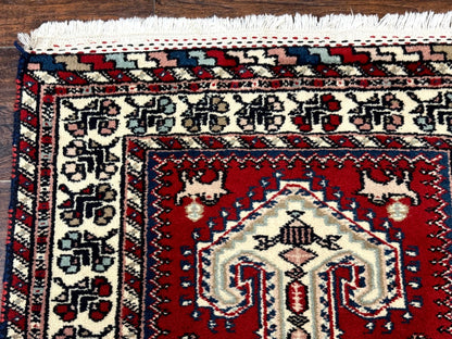 Indo Persian Runner Rug 2.6 x 12, Heriz Geometric Caucasian Design, Animal Pictorials, Tribal Runner Rug, Vintage Handmade Wool Red - Nuvé