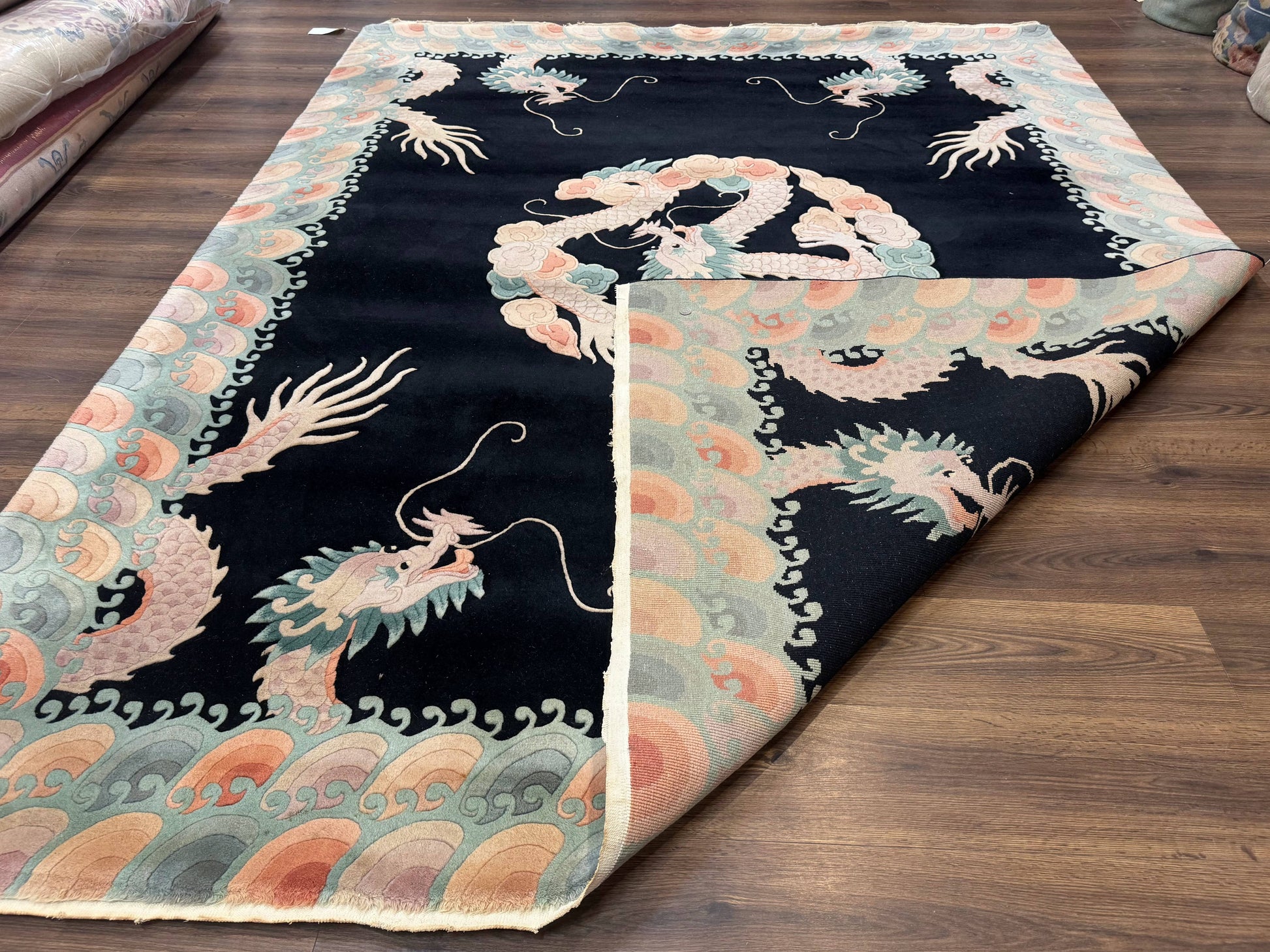 Black Chinese Wool Rug 8x10 with Dragons, Rainbow Borders, Rare - Nuvé