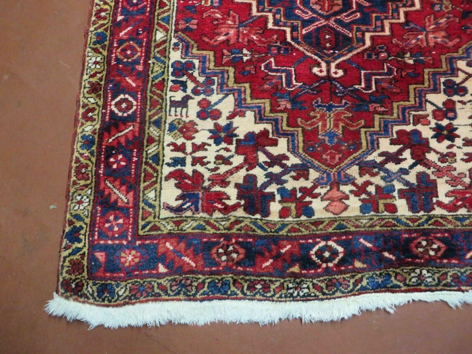 Persian Runner Rug, Heriz Runner Rug, Geometric Medallions, Red Cream Navy Blue Wool Hallway Rug 3.9 x 10.8 Antique Oriental Runner Handmade - Nuvé