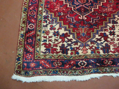 Persian Runner Rug, Heriz Runner Rug, Geometric Medallions, Red Cream Navy Blue Wool Hallway Rug 3.9 x 10.8 Antique Oriental Runner Handmade - Nuvé
