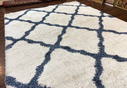 Modern Shag Rug 9x12, Ivory and Dark Blue, Diamond Pattern, Soft, Room Sized, Contemporary Rug, Plush