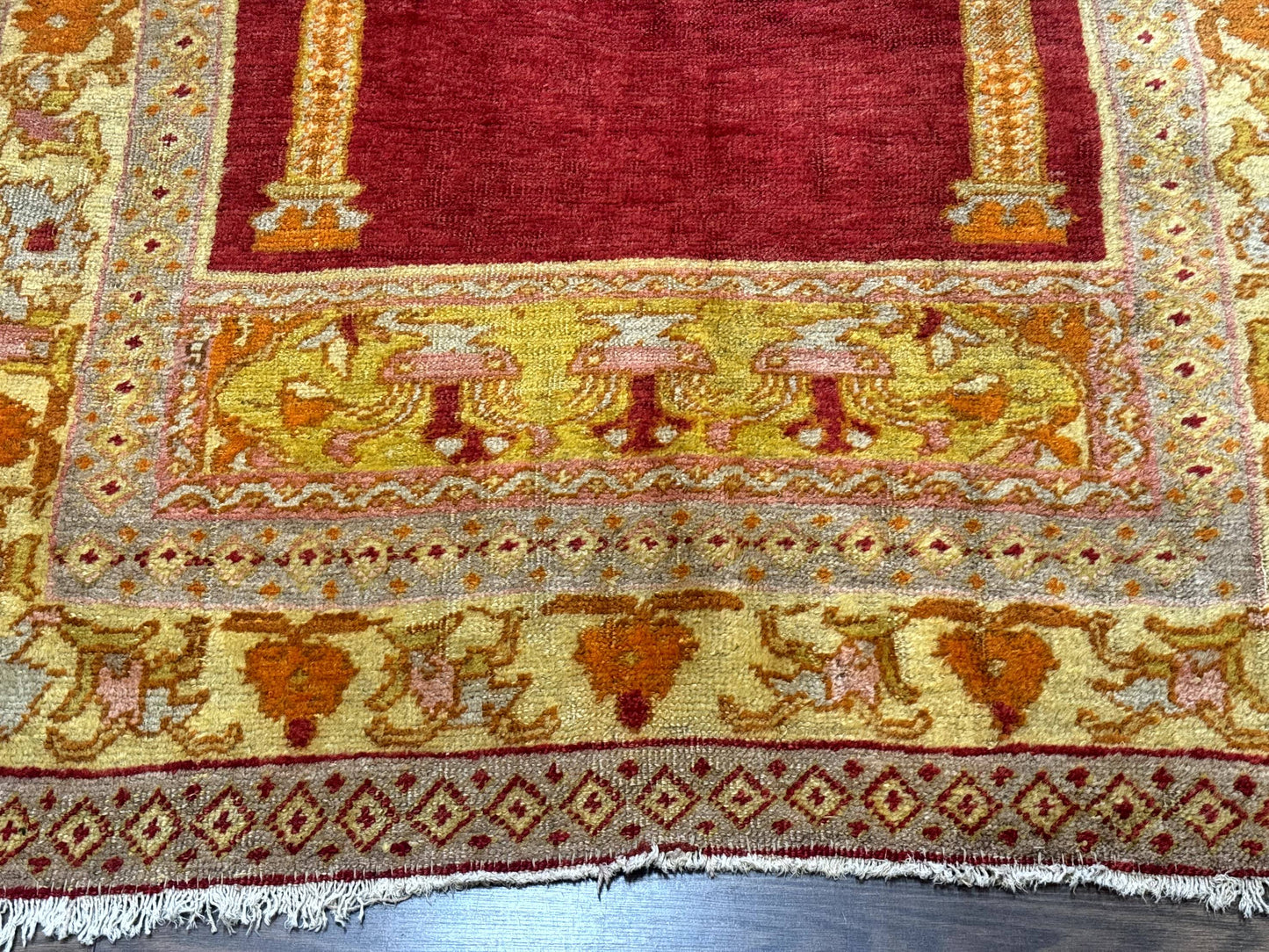 Antique Turkish Prayer Rug 4x6, Red and Golden Mustard, Mihrab Design, Anatolian Carpet - Nuvé
