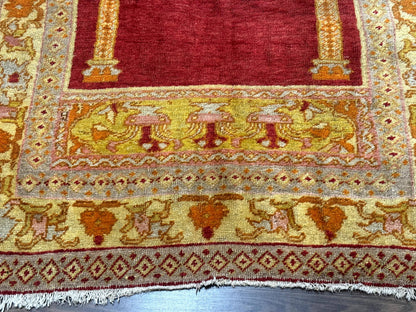 Antique Turkish Prayer Rug 4x6, Red and Golden Mustard, Mihrab Design, Anatolian Carpet - Nuvé