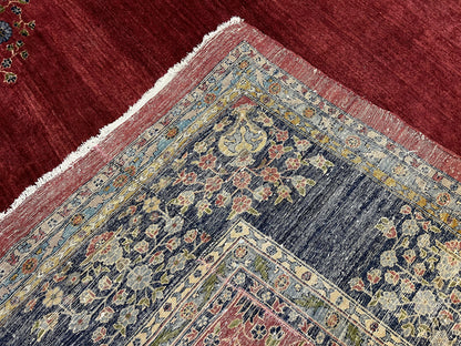 Large Persian Sarouk Rug 10x17, Open Field, Red and Navy Blue, Palace Sized Oversized Hand Knotted Wool Oriental Carpet Flowers Vases Antique 1920s - Nuvé