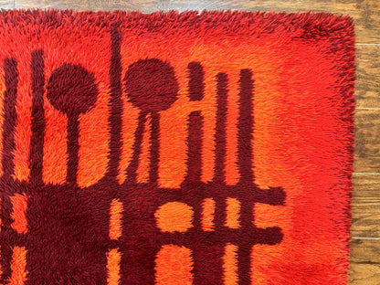 Danish Rya Shag Rug 4x6, Red Vintage Mid Century Retro Abstract Shag Rug - Nuvé