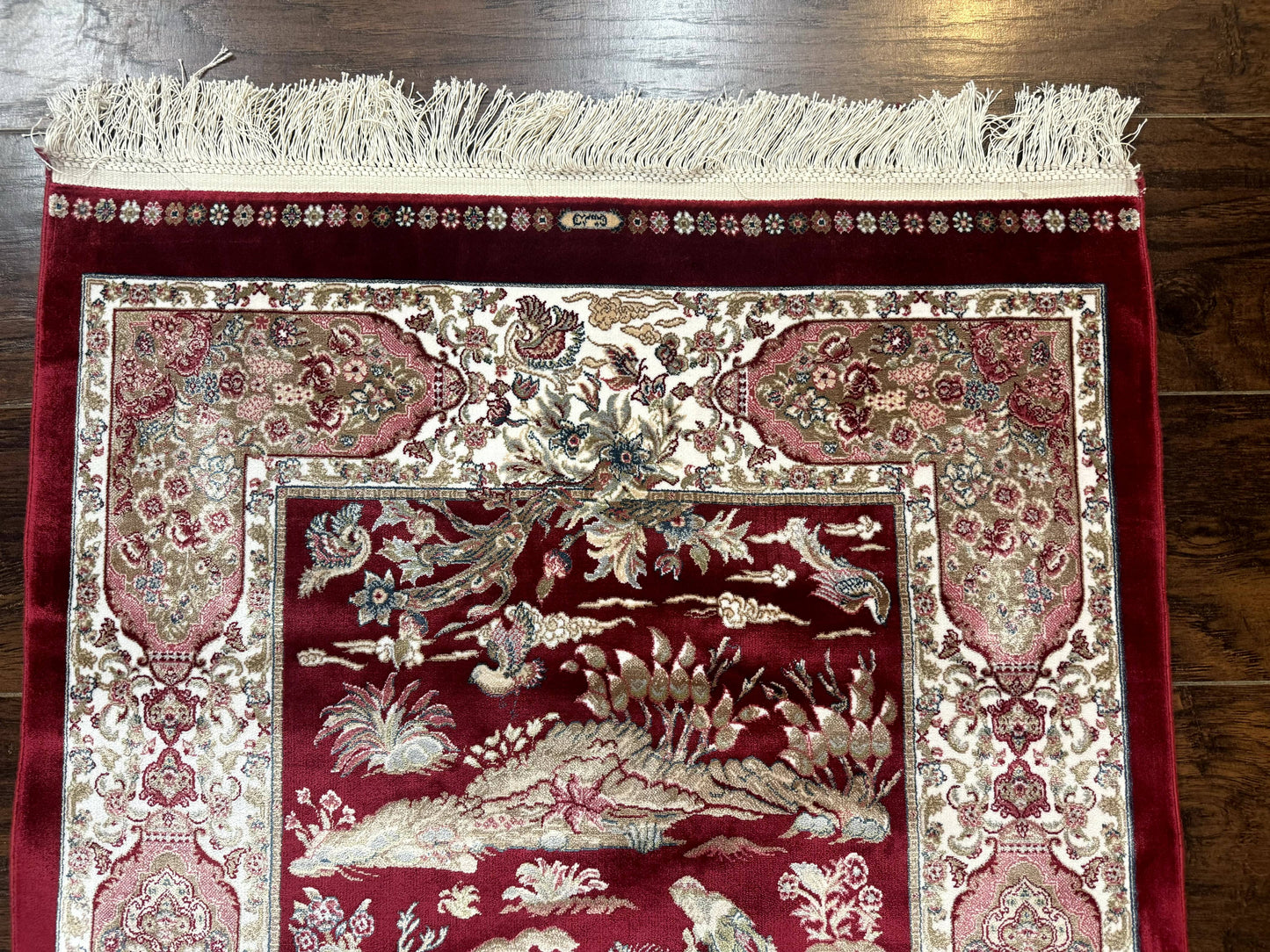 Dark Red Turkish Silk Rug 2.6 x 4, Hunting Design Scene, Bamboo Silk - Nuvé