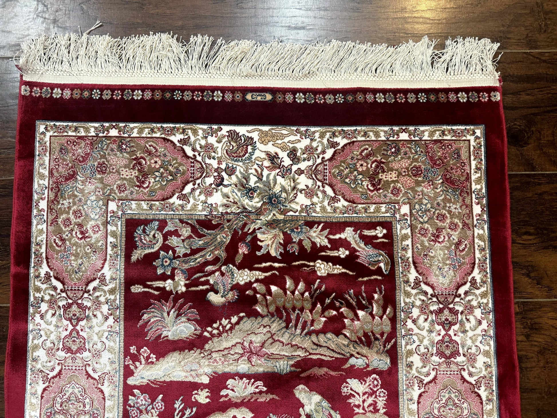 Dark Red Turkish Silk Rug 2.6 x 4, Hunting Design Scene, Bamboo Silk - Nuvé