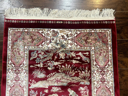 Dark Red Turkish Silk Rug 2.6 x 4, Hunting Design Scene, Bamboo Silk - Nuvé