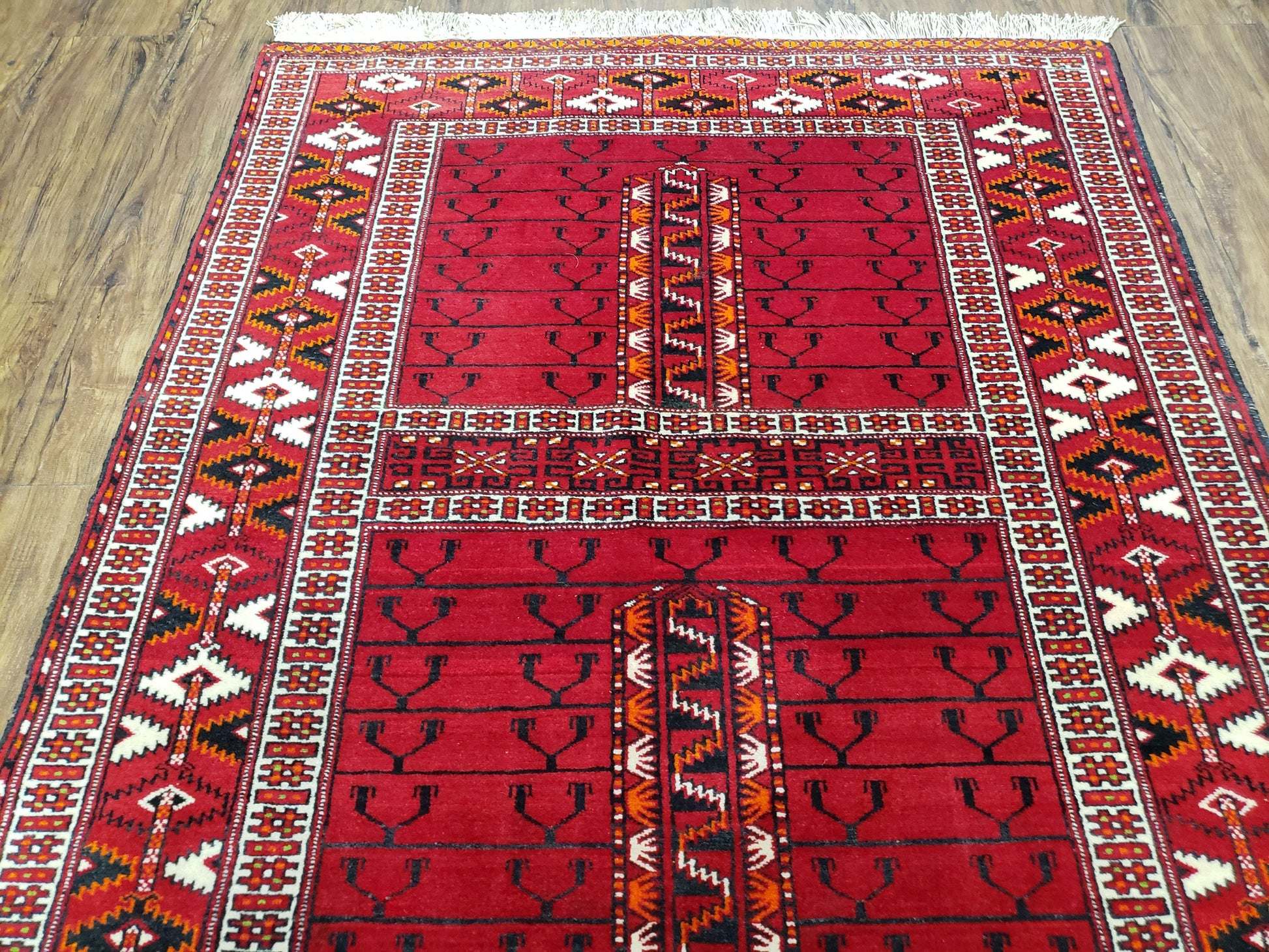 Antique Persian Turkoman Rug 4x5, Hatchli Tekkeh Ersari Red Tribal Rug, Handmade Wool Oriental Carpet, Four Seasons Rug - Nuvé