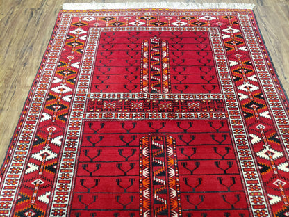 Antique Persian Turkoman Rug 4x5, Hatchli Tekkeh Ersari Red Tribal Rug, Handmade Wool Oriental Carpet, Four Seasons Rug - Nuvé