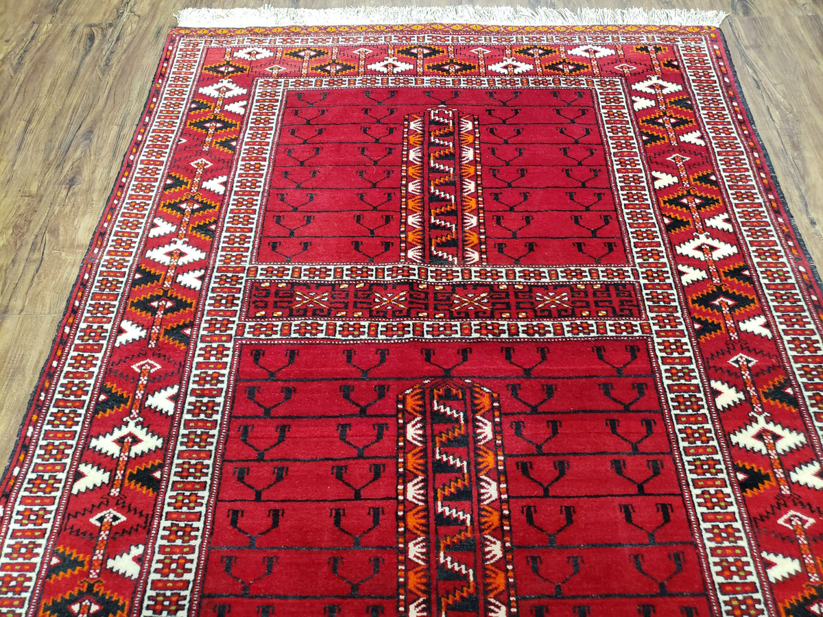 Antique Persian Turkoman Rug 4x5, Hatchli Tekkeh Ersari Red Tribal Rug, Handmade Wool Oriental Carpet, Four Seasons Rug
