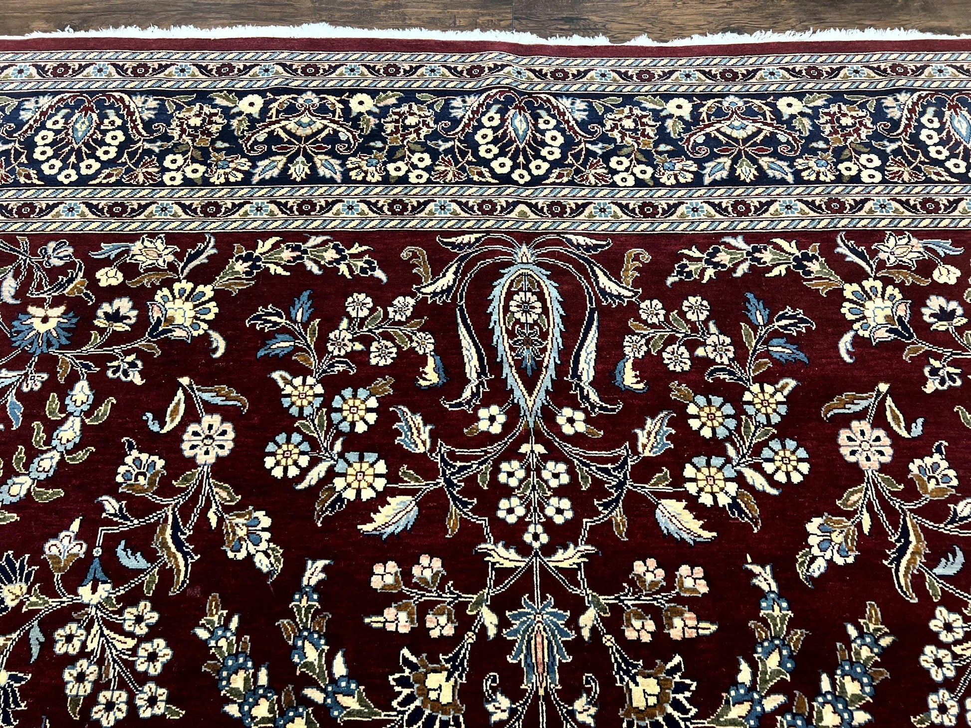 Indo Persian Sarouk Rug 9x12, Floral Allover, Dark Red & Navy Blue, Handmade Vintage Wool Carpet - Nuvé