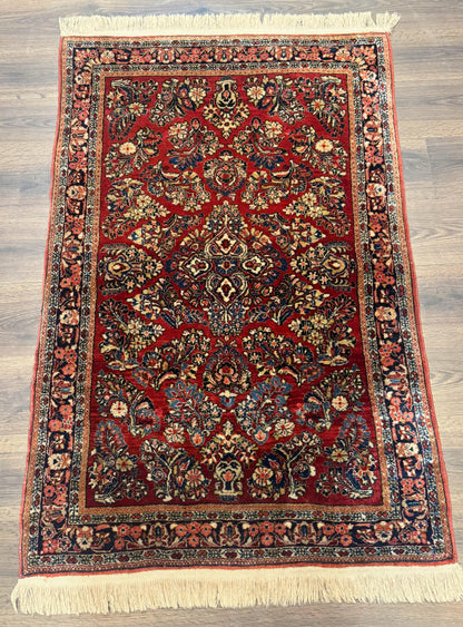 Antique Persian Sarouk Rug 3x5, Red, Floral, 200 KPSI