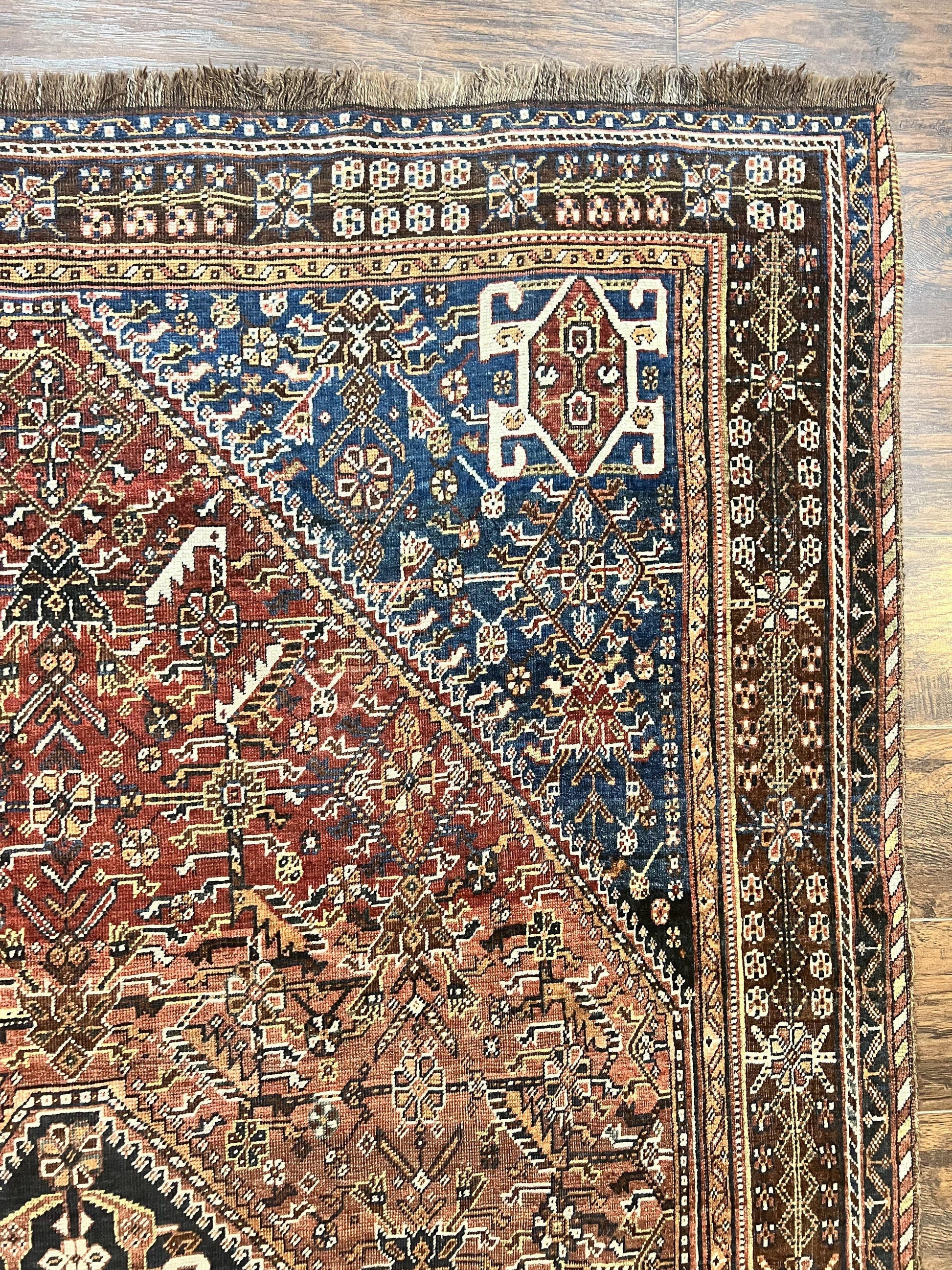 Antique Persian Shiraz Tribal Rug 6x8, Geometric Rug, Wool Handmade Hand Knotted Carpet, Red Blue - Nuvé