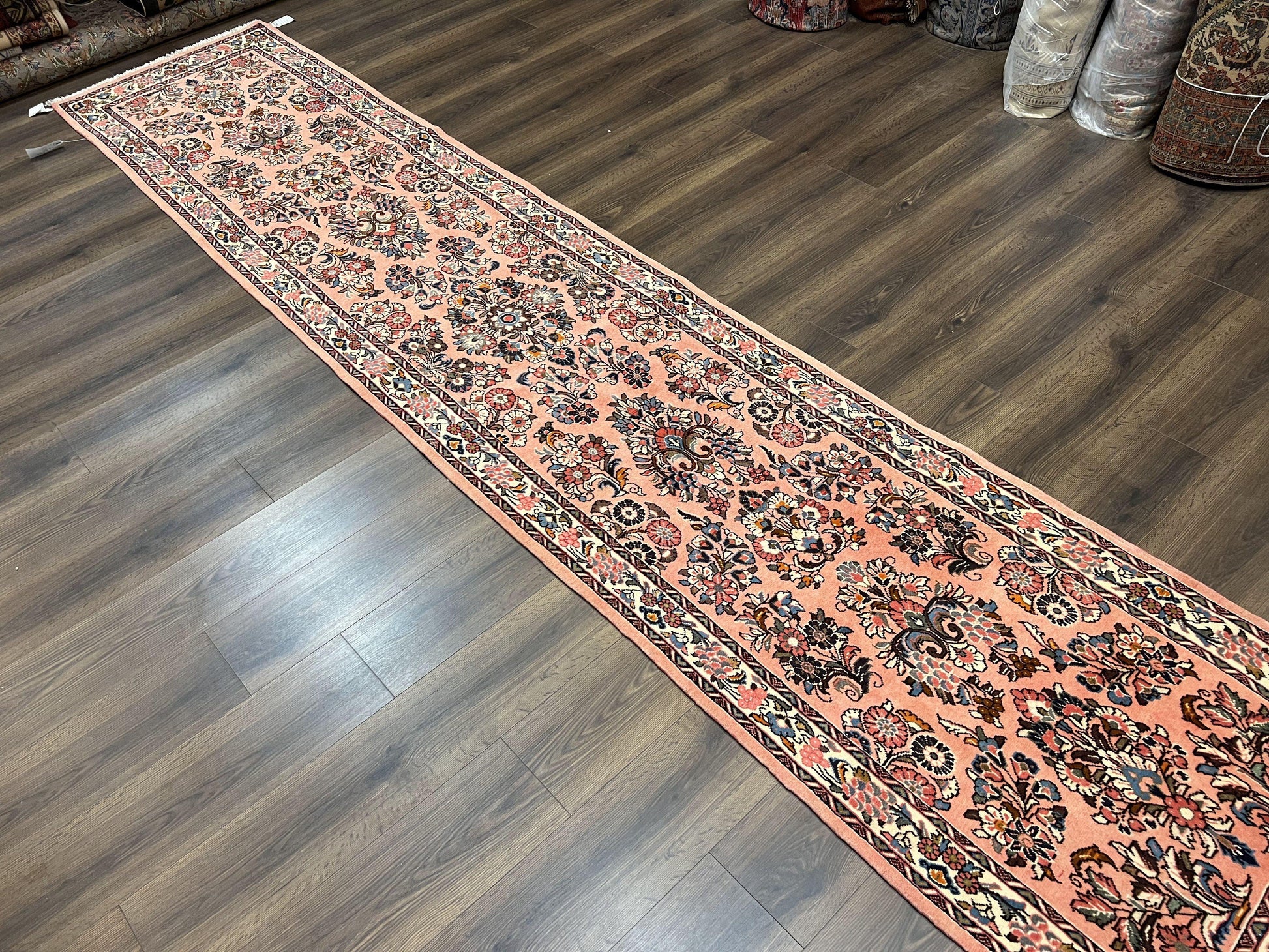 Persian Runner Rug 2.9 x 13.6, Semi Antique Vintage Persian Sarouk Hallway Rug, Wool Oriental Runner, Salmon and Cream, Floral Allover Hand Knotted - Nuvé