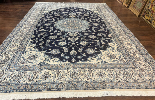 Persian Nain Rug 8x11, Navy Blue and Ivory, Handmade Wool Vintage Carpet, Floral Medallion - Nuvé