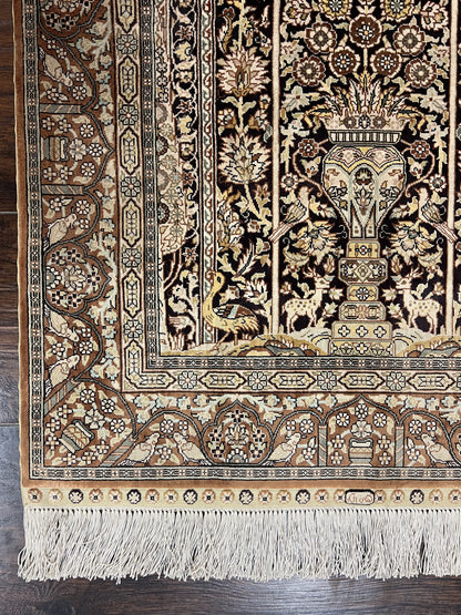 Turkish Silk Hereke Rug 2x3, Floral Vase Tree of Life Birds, Silk Pile on Silk Foundation, Vintage Oriental Carpet, Very Fine, Signature