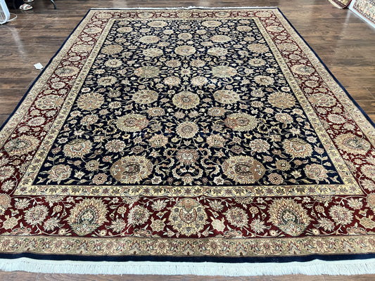 Sino Persian Rug 9x12, Wool Hand Knotted Vintage Oriental Carpet, Navy Blue Floral Allover, Traditional Room Sized 9 x 12 Rug - Nuvé