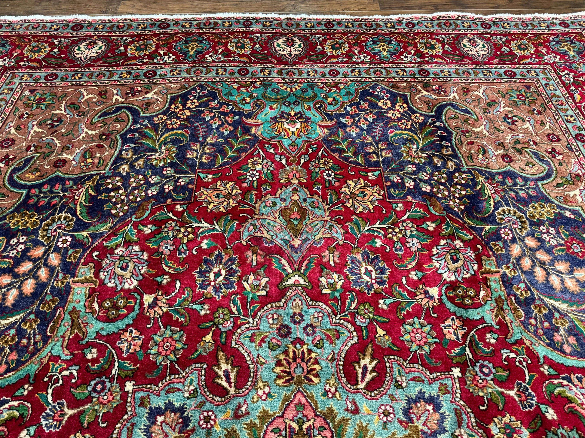 Wonderful Persian Tabriz Rug 10x14, Antique Persian Carpet, Handmade Wool Rug, Floral Medallion, Red Navy Blue, Colorful, Large Persian Area Rug - Nuvé