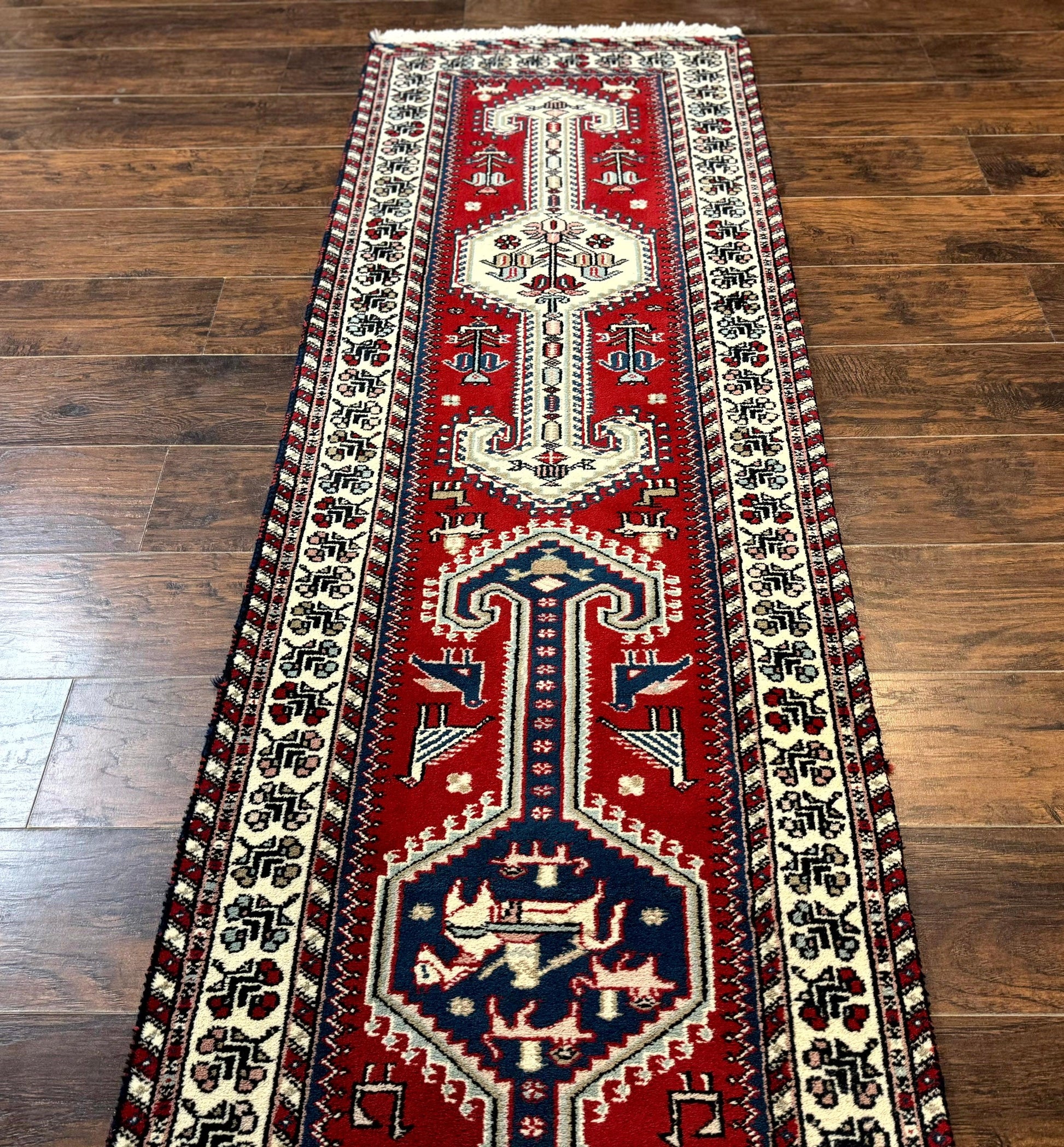 Indo Persian Runner Rug 2.6 x 12, Heriz Geometric Caucasian Design, Animal Pictorials, Tribal Runner Rug, Vintage Handmade Wool Red - Nuvé