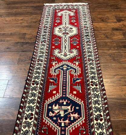 Indo Persian Runner Rug 2.6 x 12, Heriz Geometric Caucasian Design, Animal Pictorials, Tribal Runner Rug, Vintage Handmade Wool Red - Nuvé