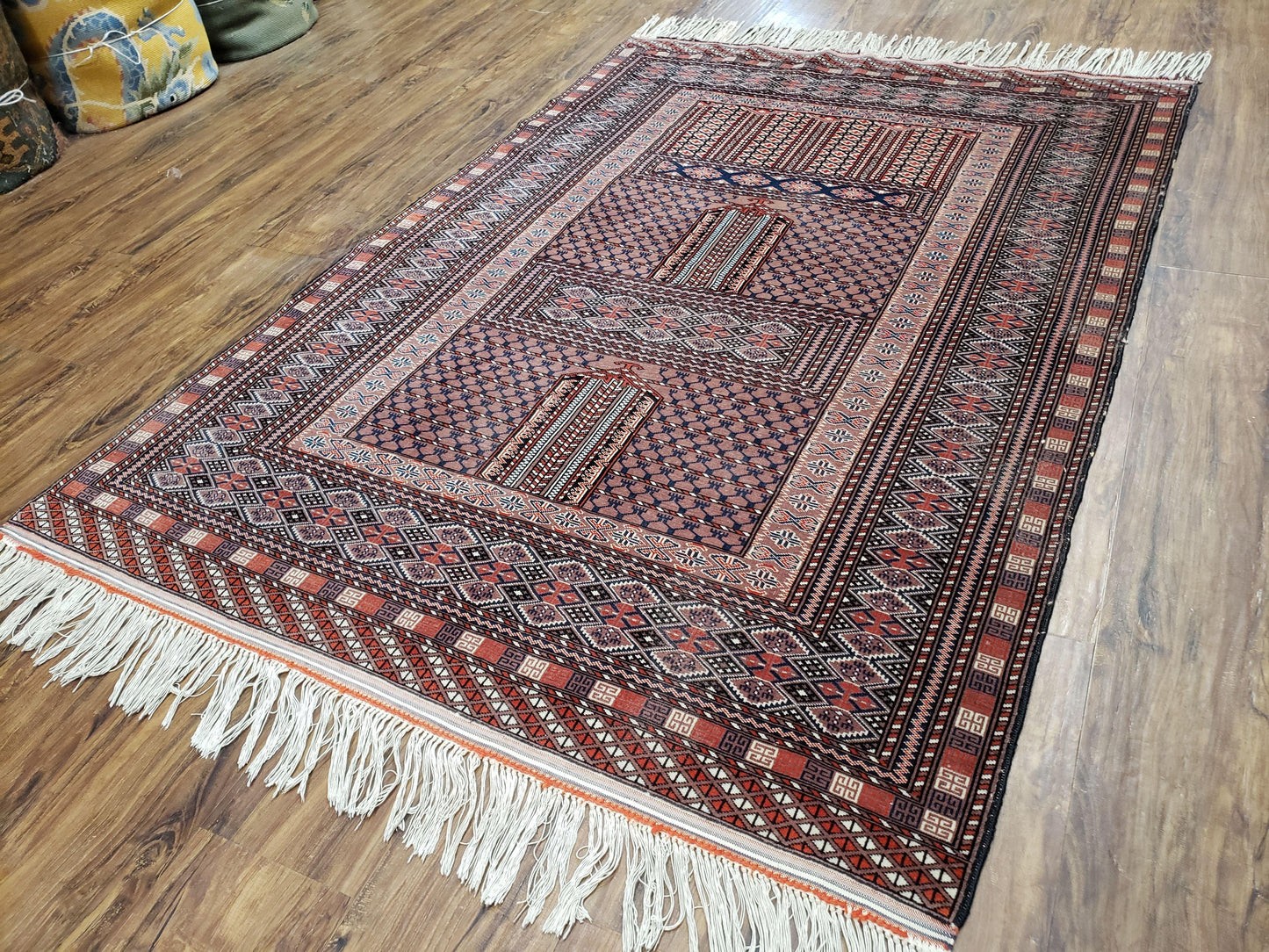 Vintage Turkoman Bokhara Rug 4x6, Four Seasons Pakistan Bukhara Turkmen Engsi Yamud Carpet, Fine Tribal Rug, Wool, Hand-Knotted, Brown, Nice - Nuvé