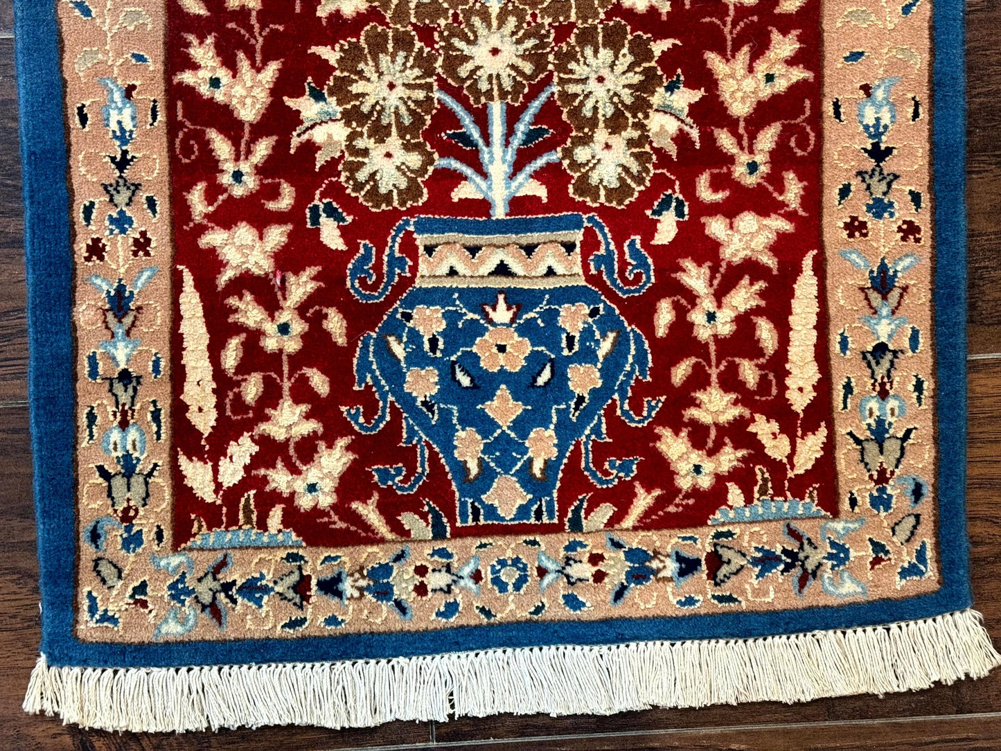 Small Persian Nain Rug, Persian Vase Tree of Life Design, Red and Blue, Very Fine 260 KPSI, Wool and Silk Highlights - Nuvé
