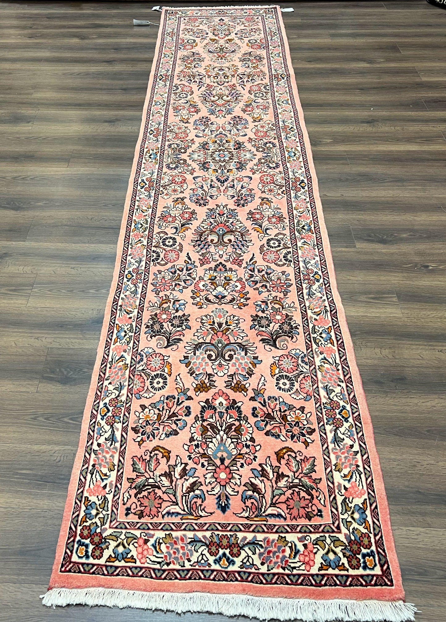 Persian Runner Rug 2.9 x 13.6, Semi Antique Vintage Persian Sarouk Hallway Rug, Wool Oriental Runner, Salmon and Cream, Floral Allover Hand Knotted - Nuvé