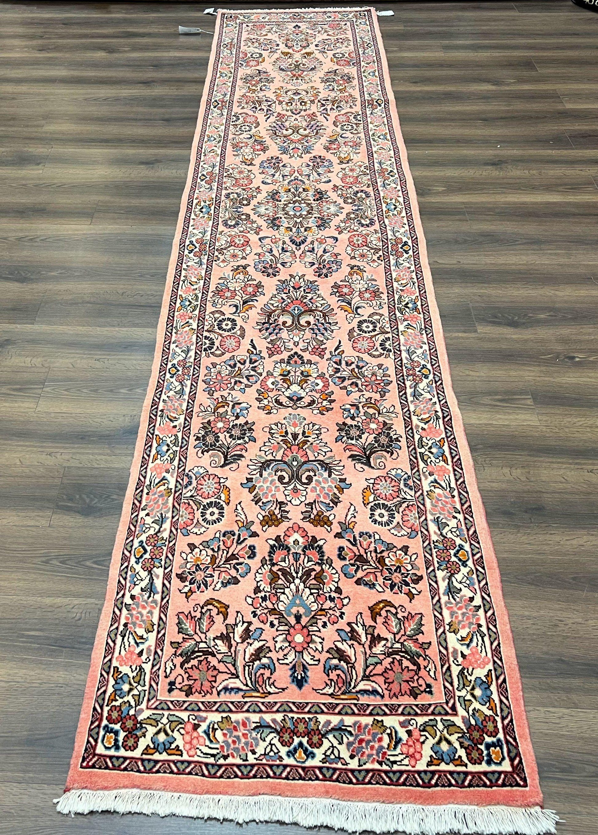 Persian Runner Rug 2.9 x 13.6, Semi Antique Vintage Persian Sarouk Hallway Rug, Wool Oriental Runner, Salmon and Cream, Floral Allover Hand Knotted - Nuvé