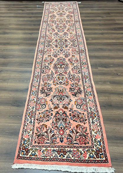 Persian Runner Rug 2.9 x 13.6, Semi Antique Vintage Persian Sarouk Hallway Rug, Wool Oriental Runner, Salmon and Cream, Floral Allover Hand Knotted - Nuvé