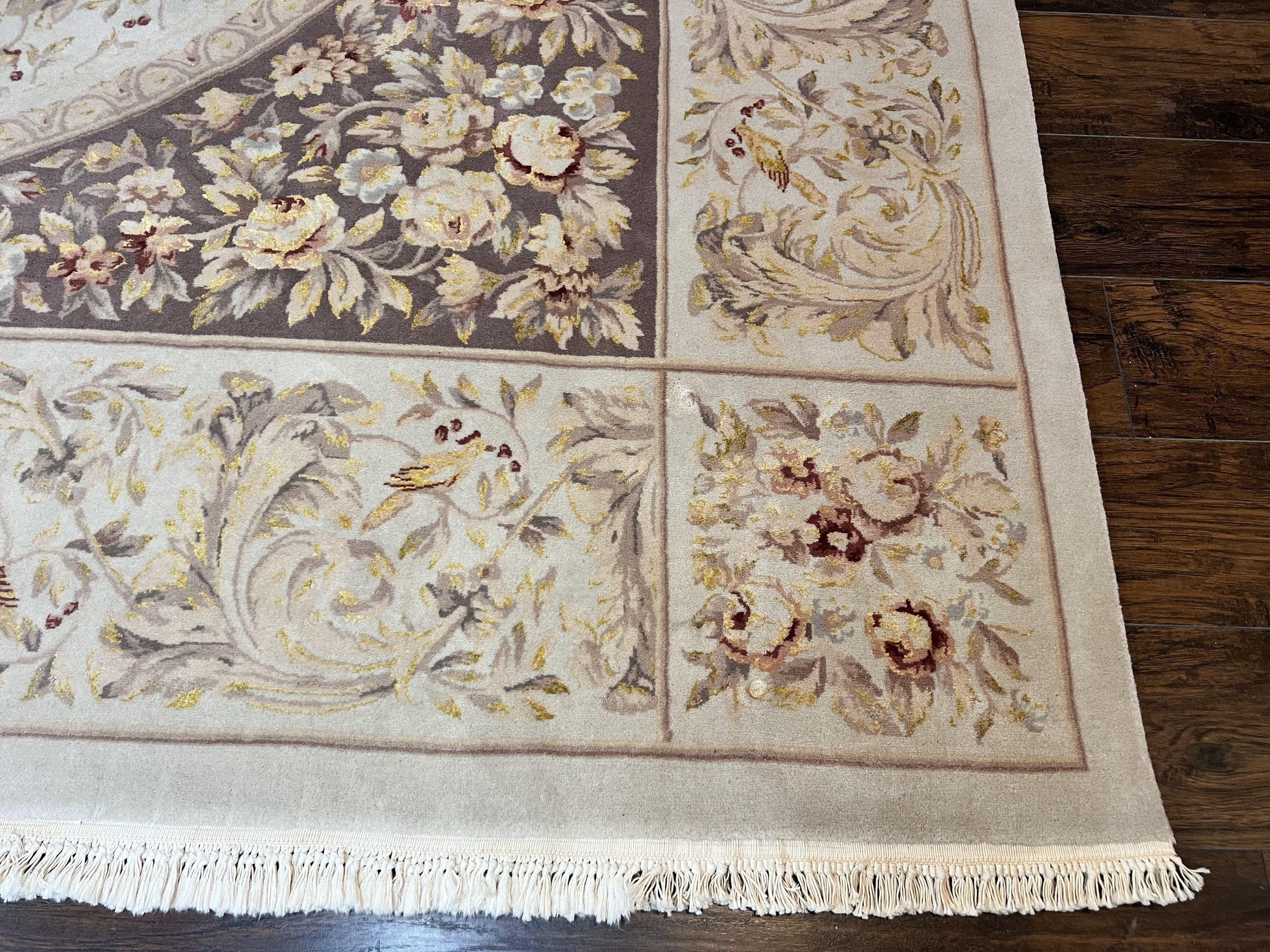 Aubusson Rug 10x14, Wool & Silk Highlights Hand Knotted Vintage Carpet, Birds Flowers, Fine Details, Elegant - Nuvé