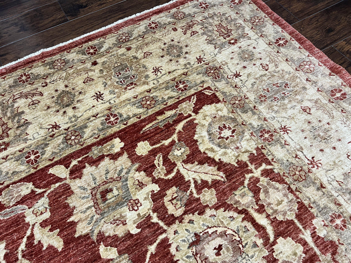 Pak Persian Rug 10x14, Sultanabad Mahal Peshawar Chobi Carpet, Large Vintage Wool Oriental Rug, Maroon & Beige, Floral Allover, Handmade - Nuvé
