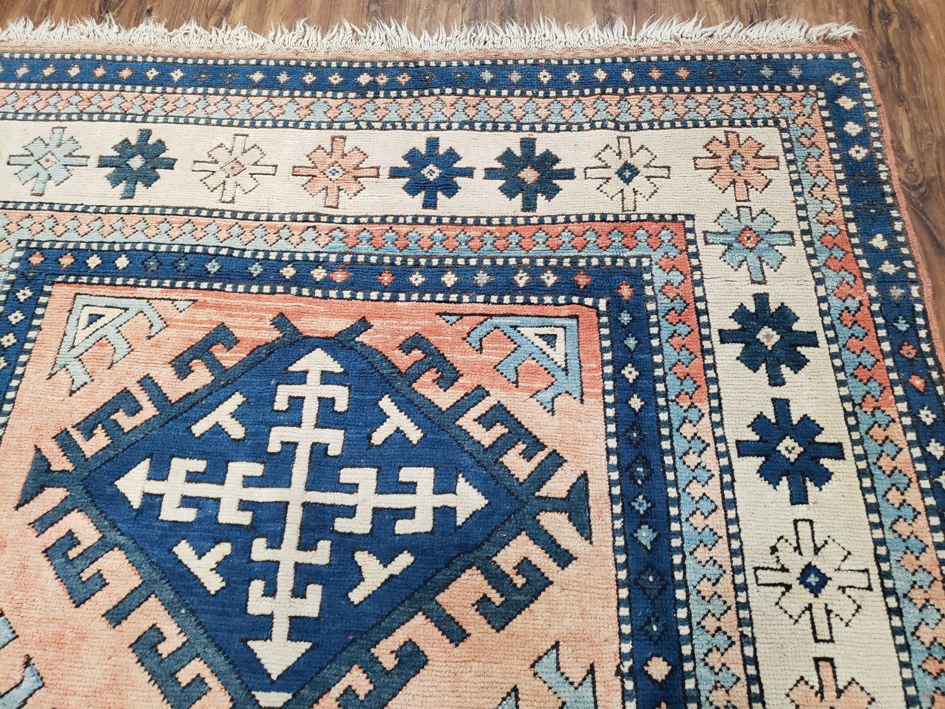 Turkish Kazak Rug 5x8 ft, Bold Geometric Bohemian Carpet, Blue and Ivory Hand Knotted Area Rug, Medium Sized High Quality Wool Oriental Rug - Nuvé