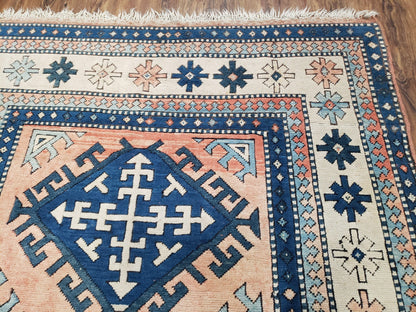 Turkish Kazak Rug 5x8 ft, Bold Geometric Bohemian Carpet, Blue and Ivory Hand Knotted Area Rug, Medium Sized High Quality Wool Oriental Rug - Nuvé