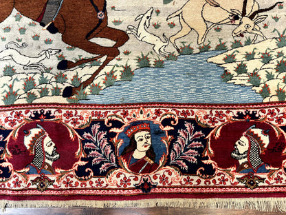 Rare Persian Kashan Pictorial Rug 6x9, King Bahram Hunting Scene, Persian Kings, Hand Knotted Persian Rug for Wall Hanging, Antique, Wool