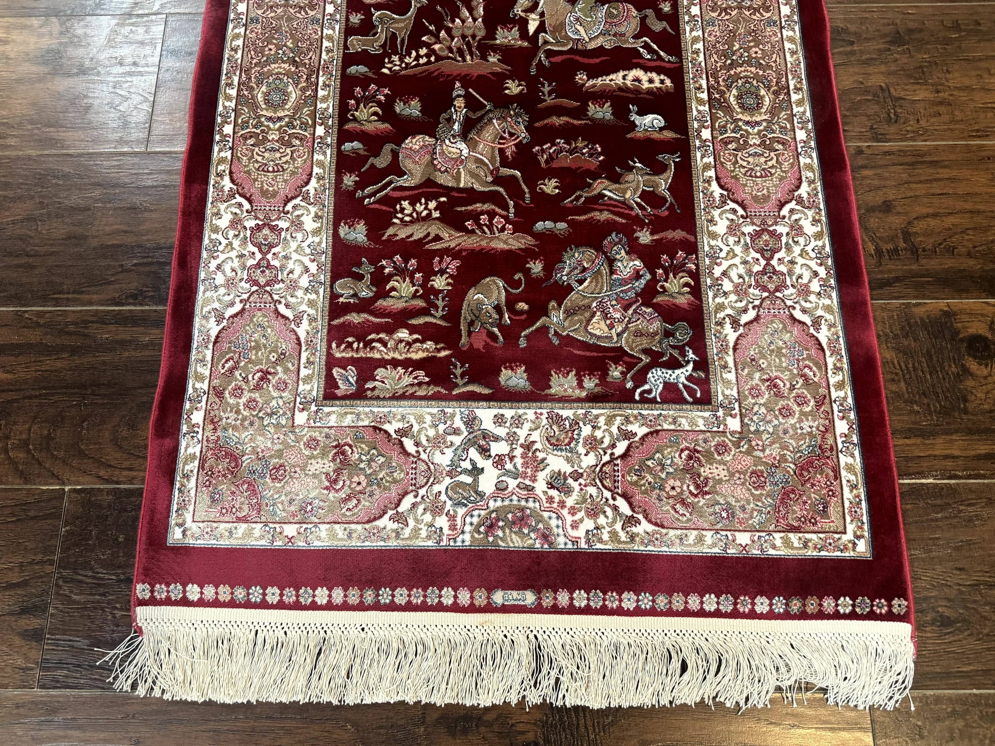 Dark Red Turkish Silk Rug 2.6 x 4, Hunting Design Scene, Bamboo Silk - Nuvé