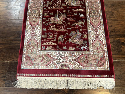 Dark Red Turkish Silk Rug 2.6 x 4, Hunting Design Scene, Bamboo Silk - Nuvé