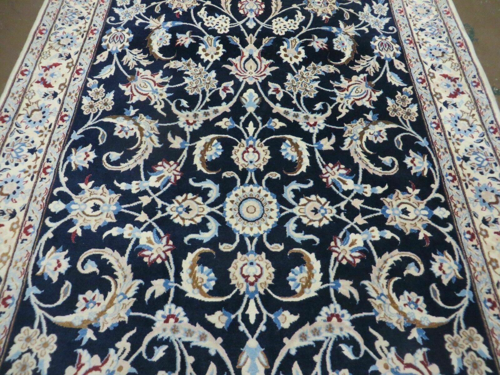 Persian Nain Rug 4x7, Navy Blue and Ivory, Handmade, Wool & Silk Highlights, Fine Oriental Rug, Vintage - Nuvé