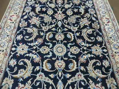 Persian Nain Rug 4x7, Navy Blue and Ivory, Handmade, Wool & Silk Highlights, Fine Oriental Rug, Vintage - Nuvé