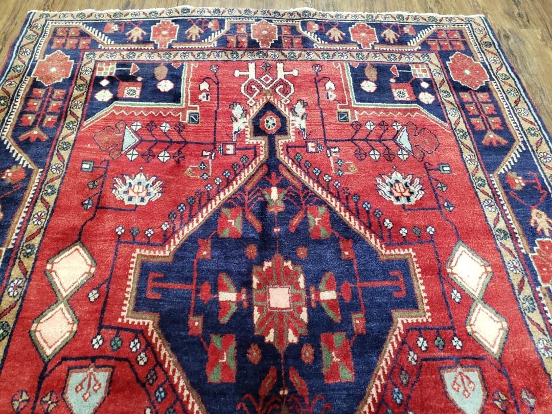 Antique Persian Zanjan Nahavand Heriz Rug, Red & Blue, Hand-Knotted, 5' x 9' 7" - Nuvé