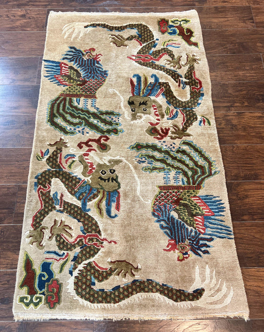 Antique Chinese Peking Rug 3 x 5.6, Dragon Motifs, Handmade Wool Asian Oriental Carpet - Nuvé