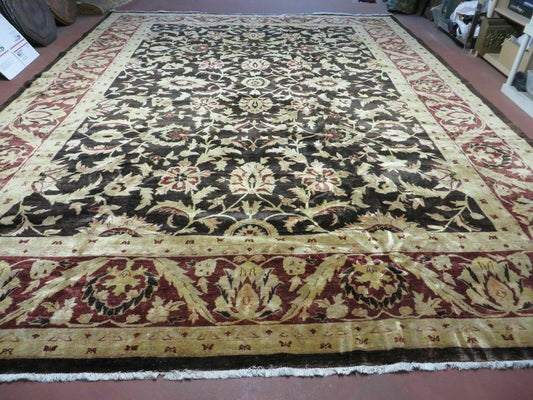 11' X 15' Vintage Hand Knotted Indian Agra Wool Rug Hand Made Dark Brown Floral - Nuvé
