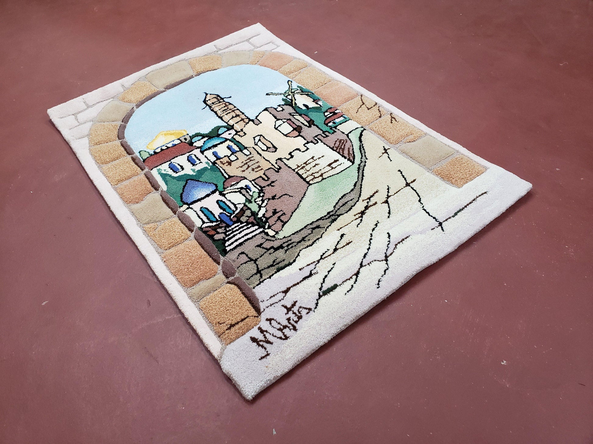 Small Judaica Rug, Rug with Jerusalem Pictorial, Chanuka Gift, Hand-Tufted, Jerusalem Gate, Vintage Judaica, Western Wall Rug, 3x4 Rug - Nuvé