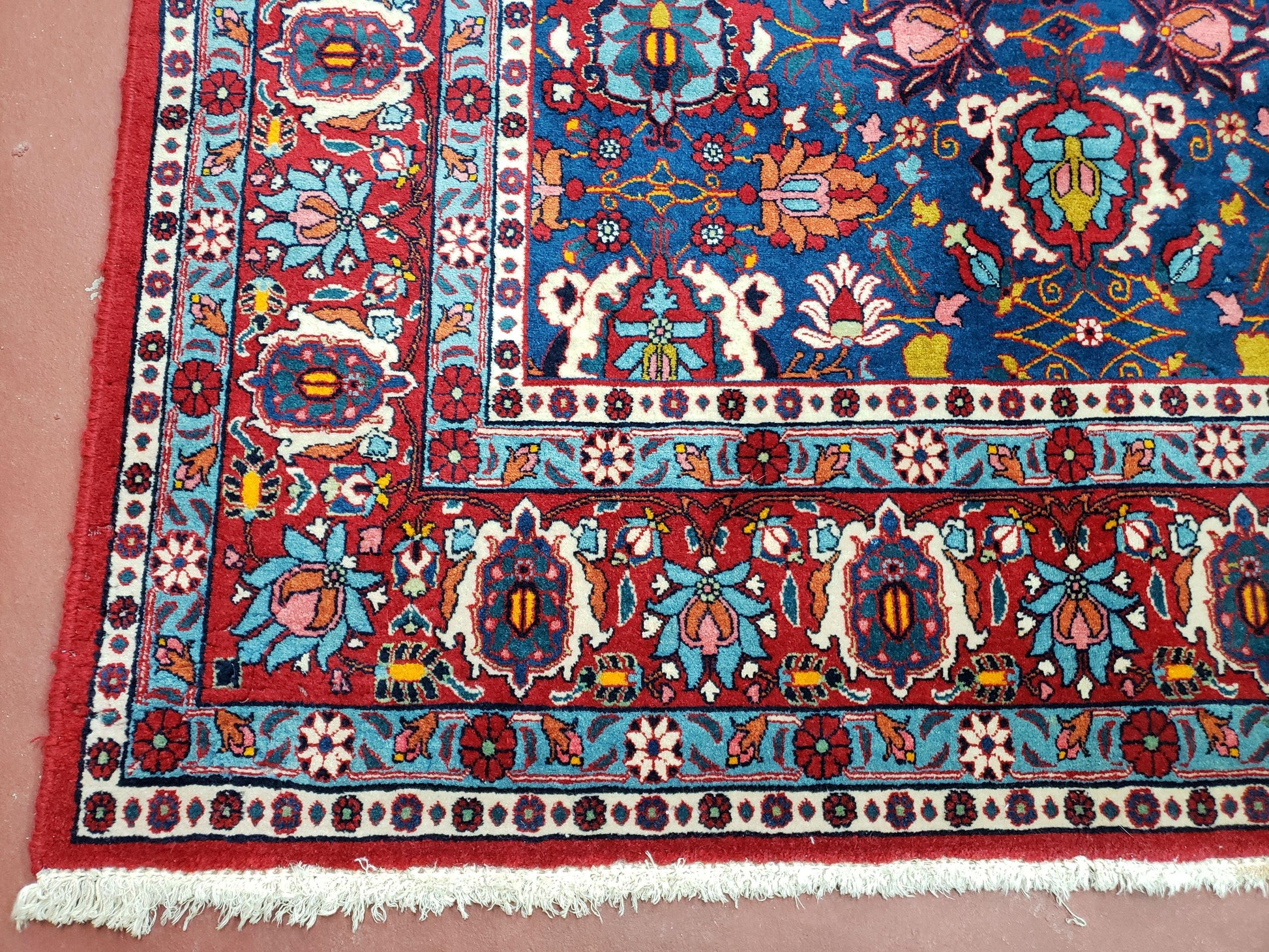 Rare Antique Persian Veramin Carpet, Mina-Khani Pattern, Blue, Red, Ivory, 7x11 ft, Hand-Knotted, Wool - Nuvé