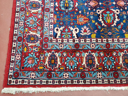 Rare Antique Persian Veramin Carpet, Mina-Khani Pattern, Blue, Red, Ivory, 7x11 ft, Hand-Knotted, Wool - Nuvé