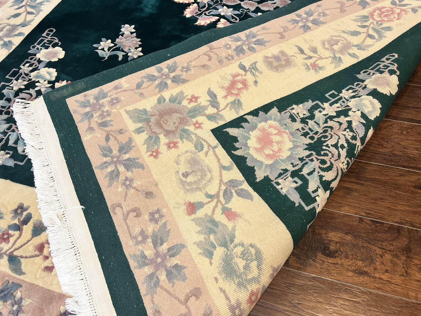Chinese Art Deco Rug 9x12, Wool Hand Knotted Vintage Carpet, Dark Green & Cream, 90 Line Carving Rug - Nuvé