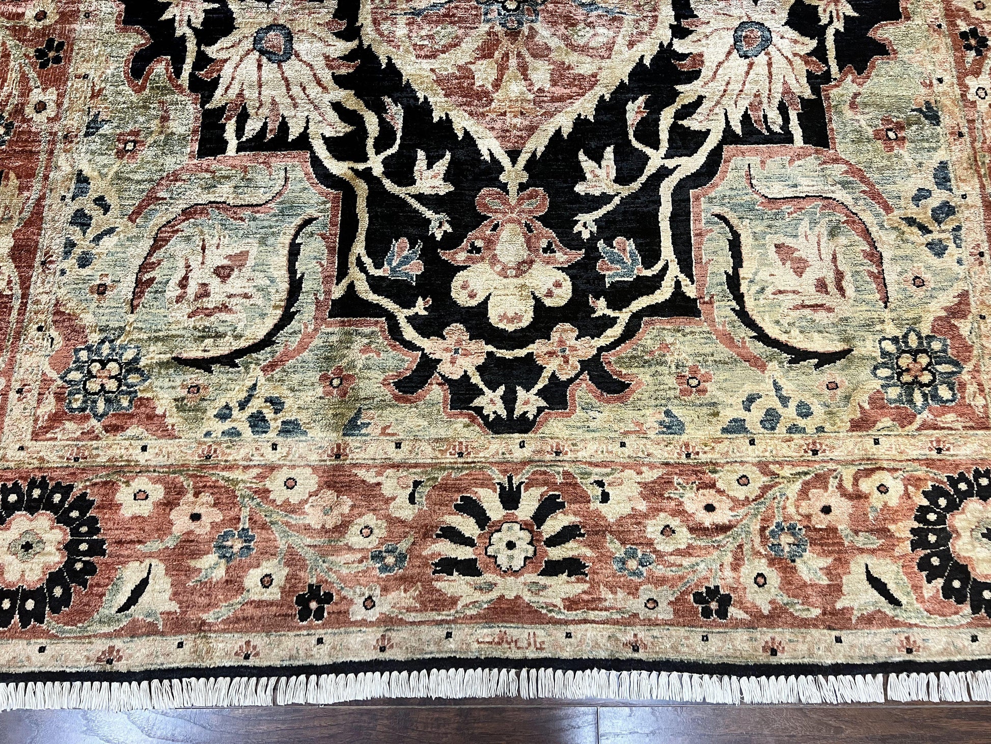 Pak Persian Rug 8x10, Pakistani Mahal Sultanabad Carpet, Signature from Master Weaver, Shiny Wool, Black Red Vintage Handmade Medallion Rug - Nuvé