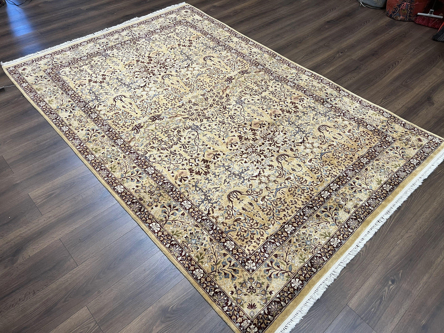 Pretty Indo Persian Rug 6x9, Allover Floral Motif with Birds, Tan/Cream, Very Fine Oriental Carpet, Hand Knotted Vintage Indian Wool Rug - Nuvé